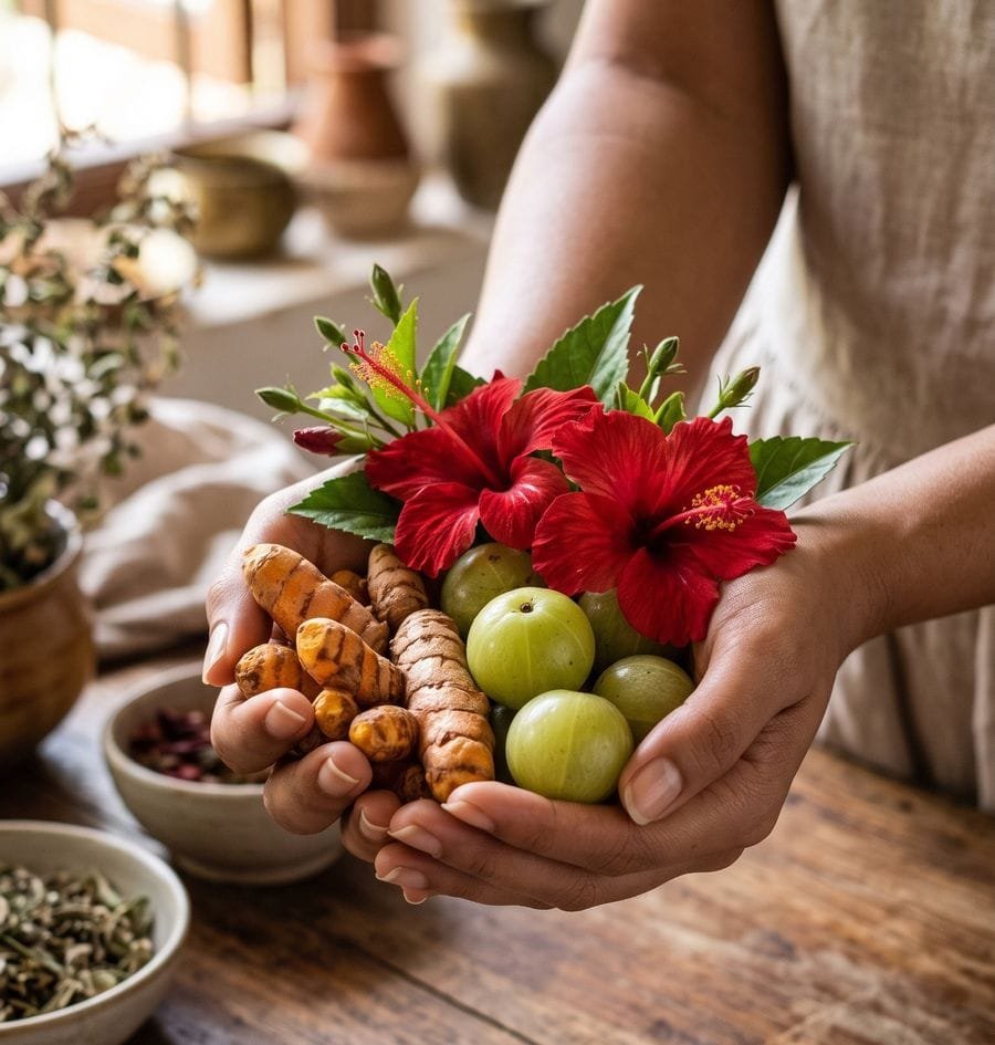 Hands holding fresh turmeric root, amla and hibiscus flowers, the core ingredients behind Rukme's formulas