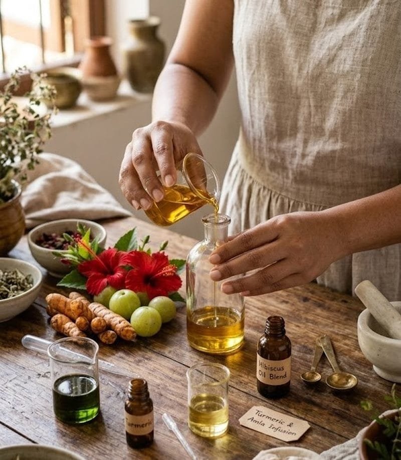 Hands blending turmeric and amla infused oil into a glass bottle during a small-batch Rukme production run